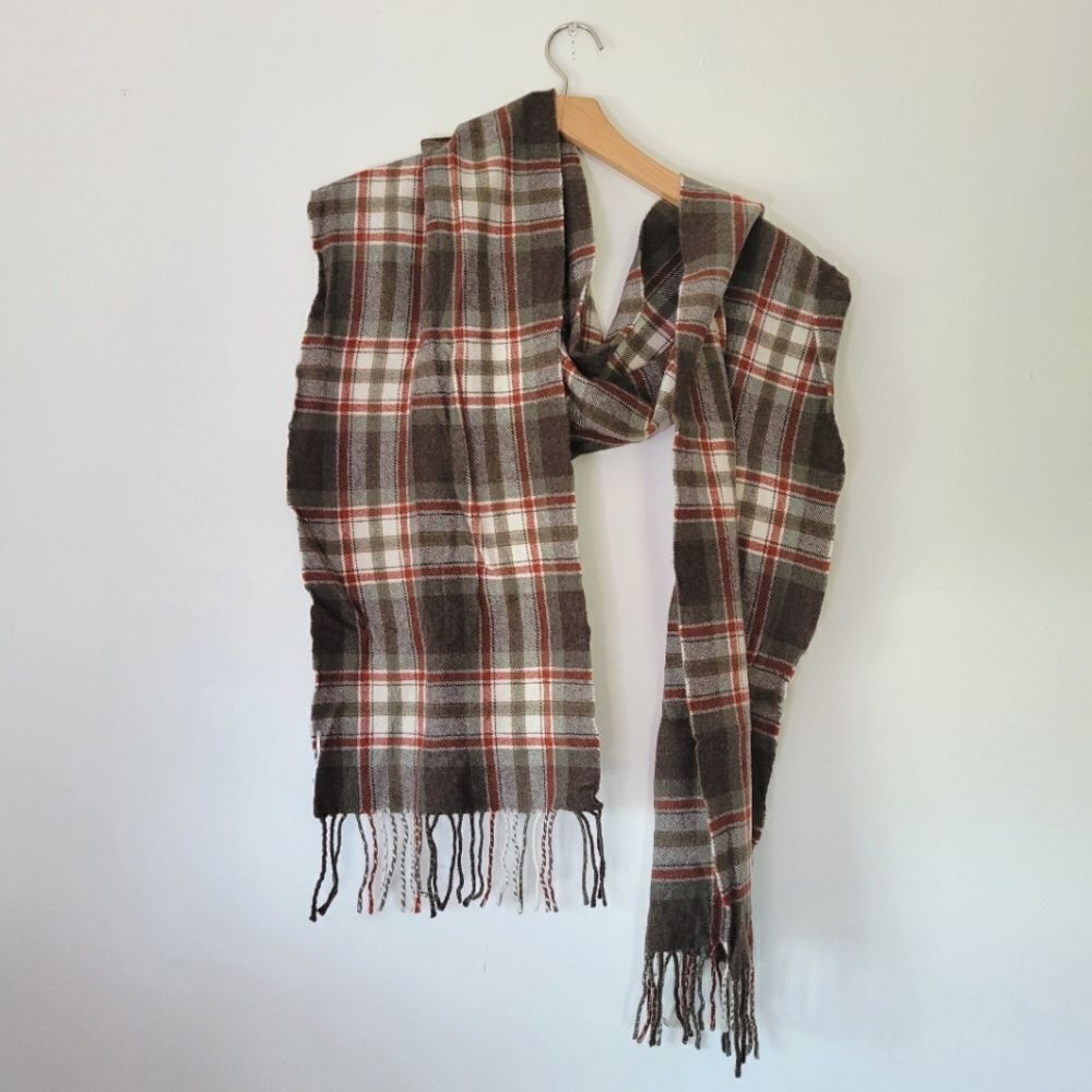 Pendleton Multicolor Plaid Wool Scarf Fringe Green Red Brown Autumn Unisex